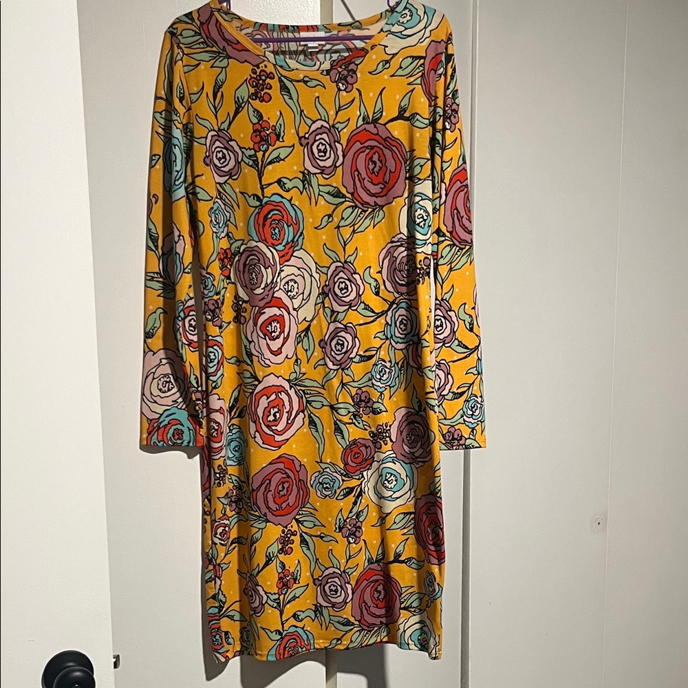 LuLaRoe Yellow Floral Top with Red and Green Accents
